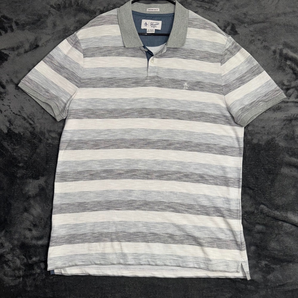 Men's XL Original Penguin Heritage Slim Fit Grey Striped Short Sleeve Polo Shirt